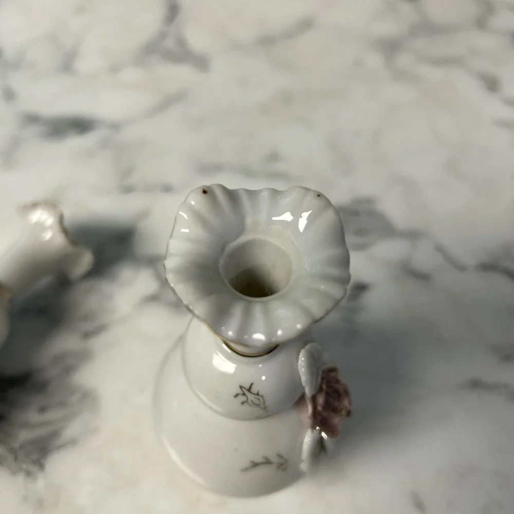 Floral Rose Victorian Bud Vase Old World Footed set of 2 Vintage Shabby Chic